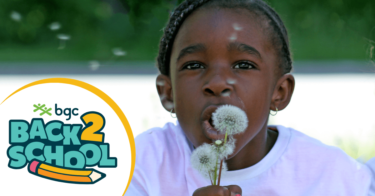 A young girl with braided hair blows on a dandelion, sending seeds into the air, next to a "BGC Back 2 School" logo featuring a pencil.