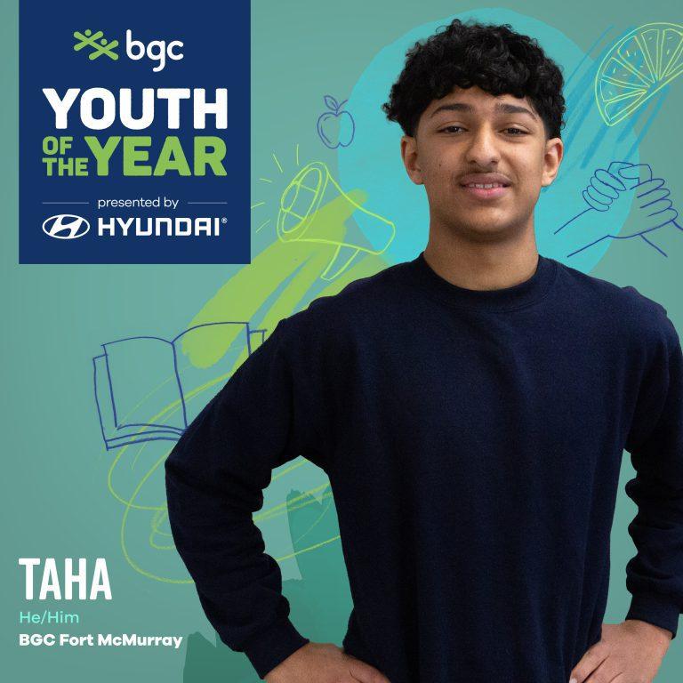 A young man named Taha, from BGC Fort McMurray, stands with his hands on his hips against a teal background featuring sketches of a megaphone, a book, and an apple.