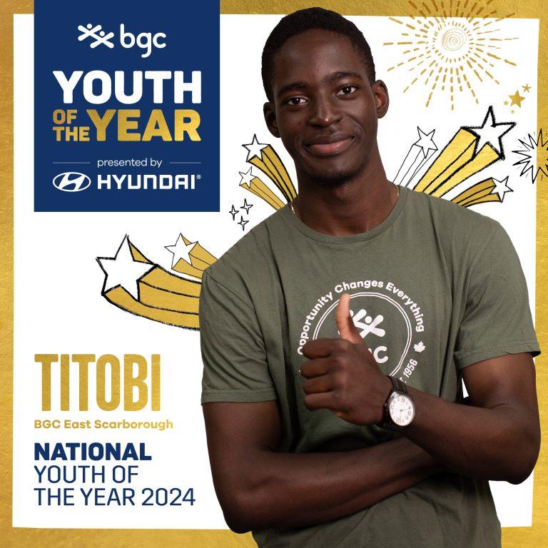 A young man named Titobi, from BGC East Scarborough, gives a thumbs up in front of a background featuring stars and the "BGC Youth of the Year 2024" logo.