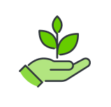 A green line-art icon features a hand holding a small plant with three leaves.