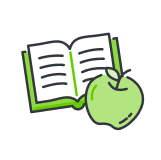 An icon featuring an open book and a green apple is centered within a dark grey circle.