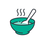 A green line art icon of a steaming bowl of soup with a spoon resting inside it.