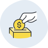 Icon of a hand placing a coin into a donation box with a blue background