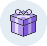Line art icon of a purple gift box on a circular background.