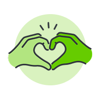 Green line art icon of two hands coming together to form a heart shape on a light green circular background.