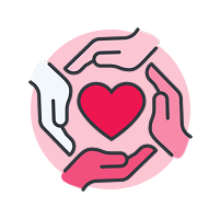 Line art icon of four hands surrounding a red heart on a circular pink background.