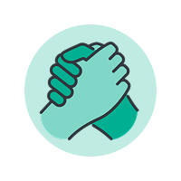 Line art icon of two hands clasped in a handshake.