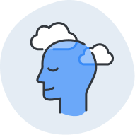 Line art icon of a blue head with white clouds on a circular light blue background.