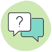 Line art icon of two overlapping speech bubbles, one white with a question mark and one light blue, set against a light green circular background.