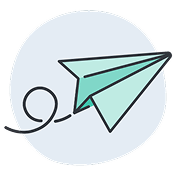 Light green paper airplane icon on a circular light blue background.