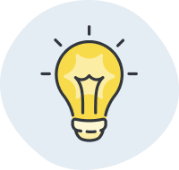 Yellow line art icon of a glowing light bulb set against a circular light blue background.