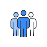 Blue and white icon representing a group of three people.