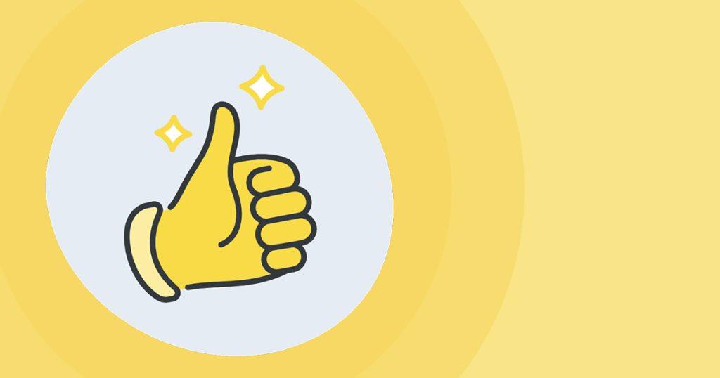 Yellow line art icon of a hand giving a thumbs up with two sparkling stars on a circular background.