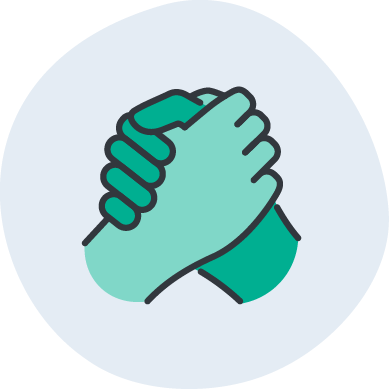 Green line art icon of two hands clasping in a gesture of solidarity.