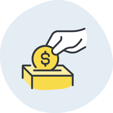 A line art icon shows a hand placing a gold coin with a dollar sign into a yellow donation box, centered within a light blue circle.