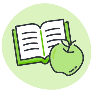 Line art icon of an open book with an apple in the foreground, set against a light green circular background.
