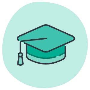 Green line art icon of a graduation cap with a tassel, set against a light teal circular background.