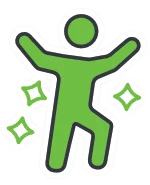 Green line art icon of a person jumping or dancing joyfully, surrounded by four-pointed stars.