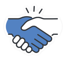 Blue and white line art handshake icon.