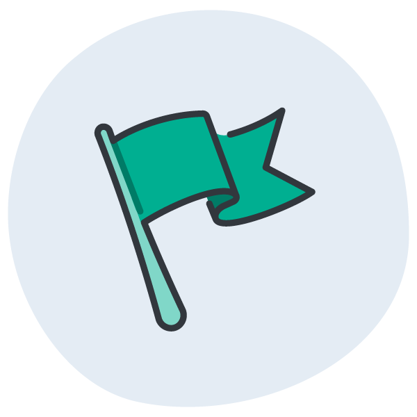 Green line art icon of a waving flag on a pole, set against a circular light blue background.