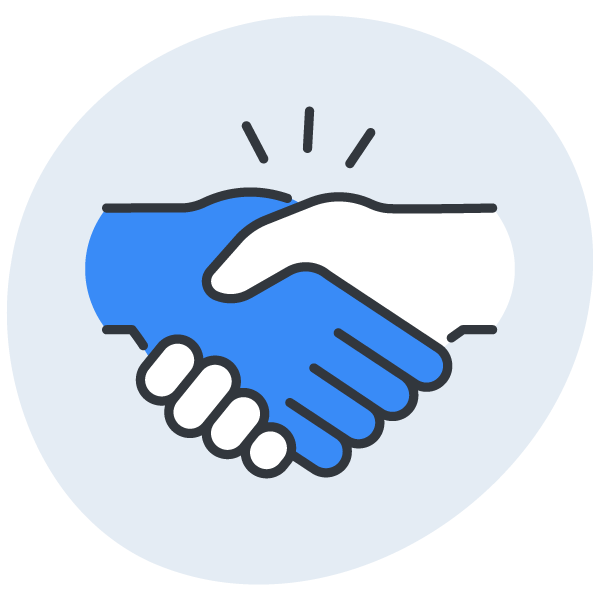 Blue and white handshake icon on a circular light blue background.