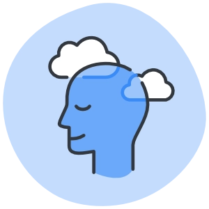 Line art icon of a blue head profile with closed eyes and white clouds behind it, set against a light blue circular background.
