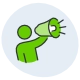 Line art icon of a green person holding a megaphone on a circular light blue background.