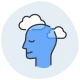Line art icon of a blue head profile with closed eyes and white clouds behind it, set against a light blue circular background.