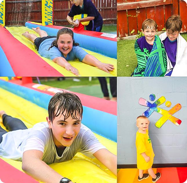 A collage of four photos showing children enjoying summer activities: sliding down an inflatable water slide, drying off with towels, and a toddler standing next to a colorful BGC logo.