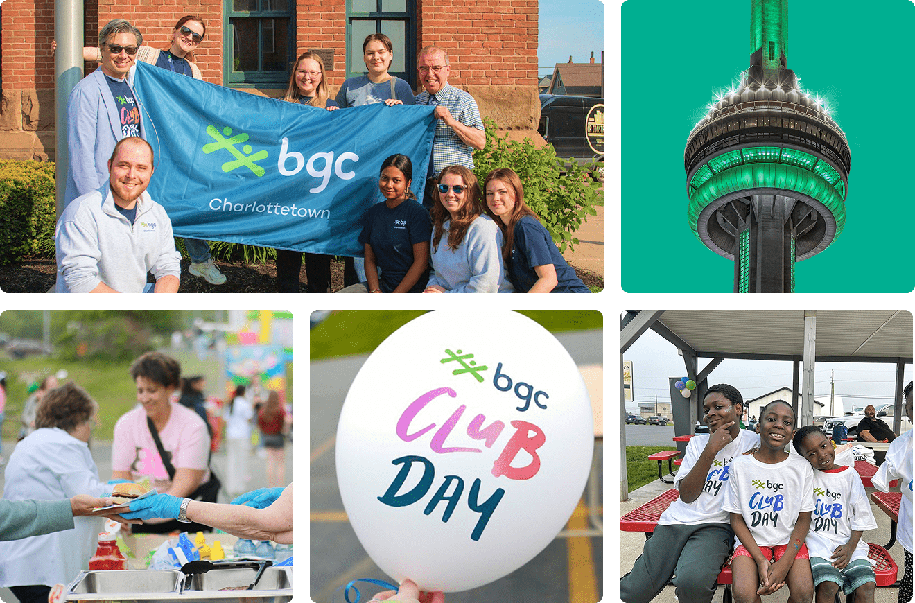 A group of people stands outdoors holding a blue "bgc Charlottetown" banner in front of a brick building.