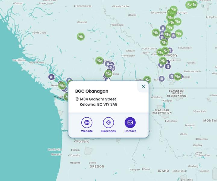 A digital map of Western Canada displays a pop-up information card for the BGC Okanagan location in Kelowna.