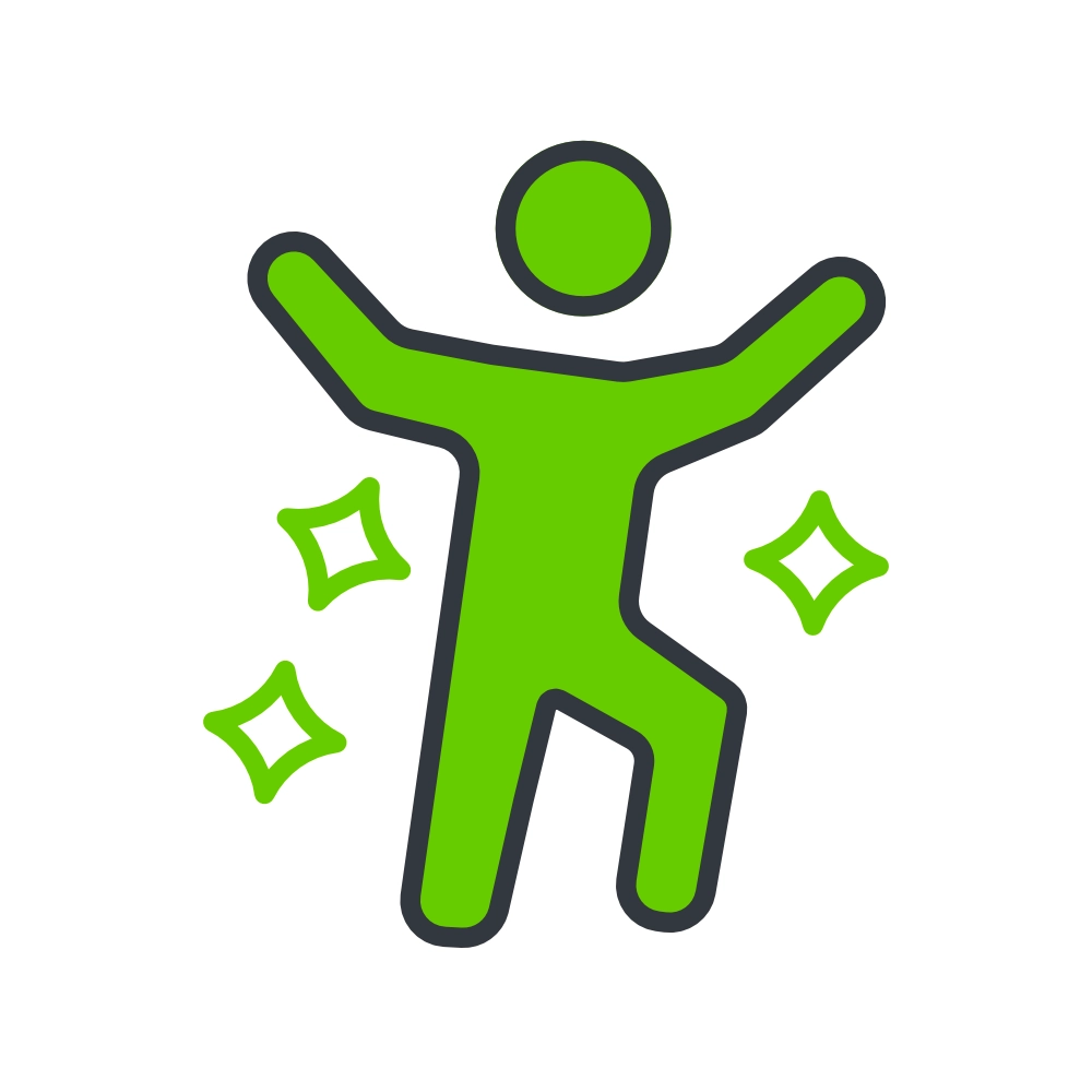 Green line art icon of a person jumping or dancing joyfully, surrounded by four-pointed stars.