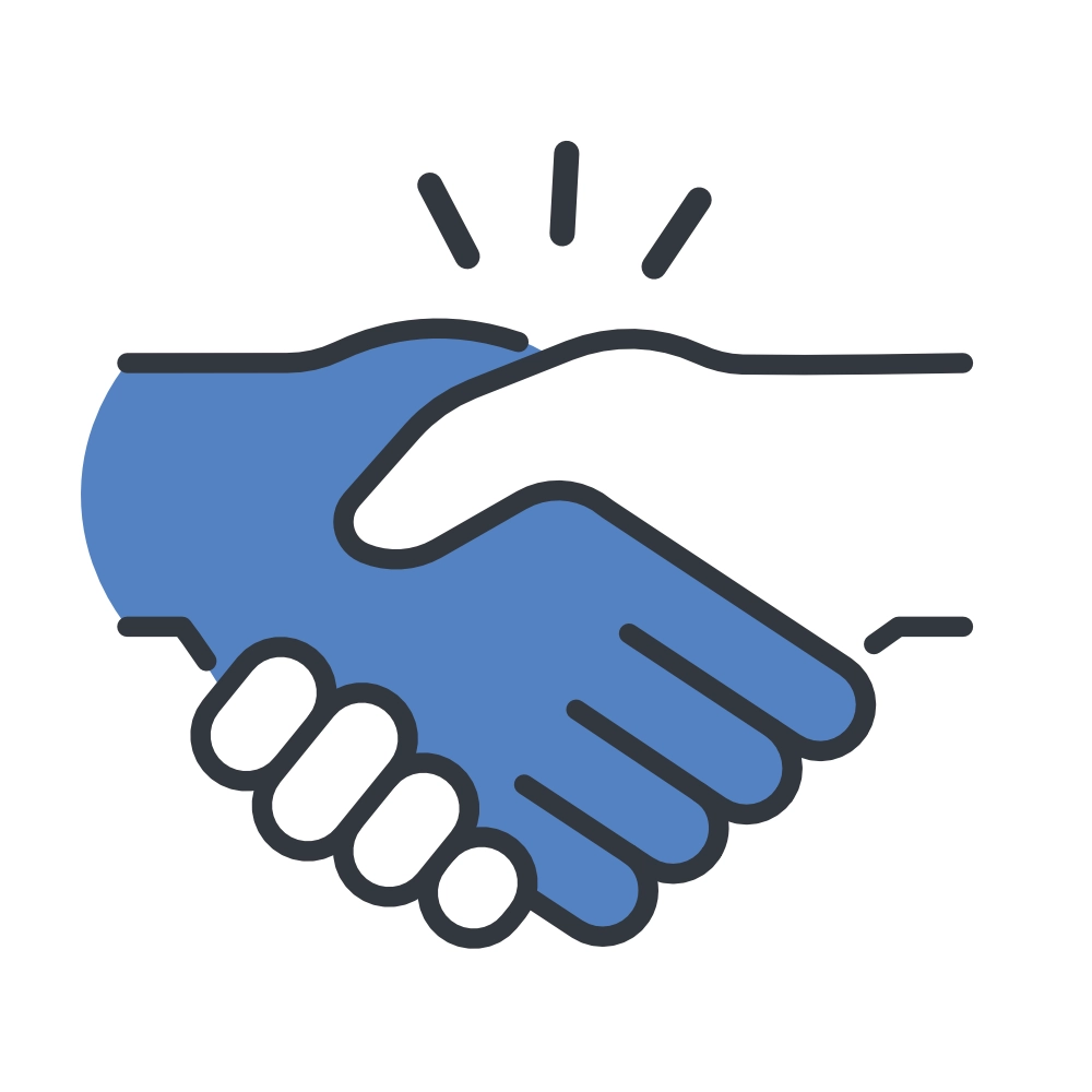 Blue and white line art handshake icon.