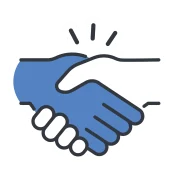 Blue and white line art handshake icon.