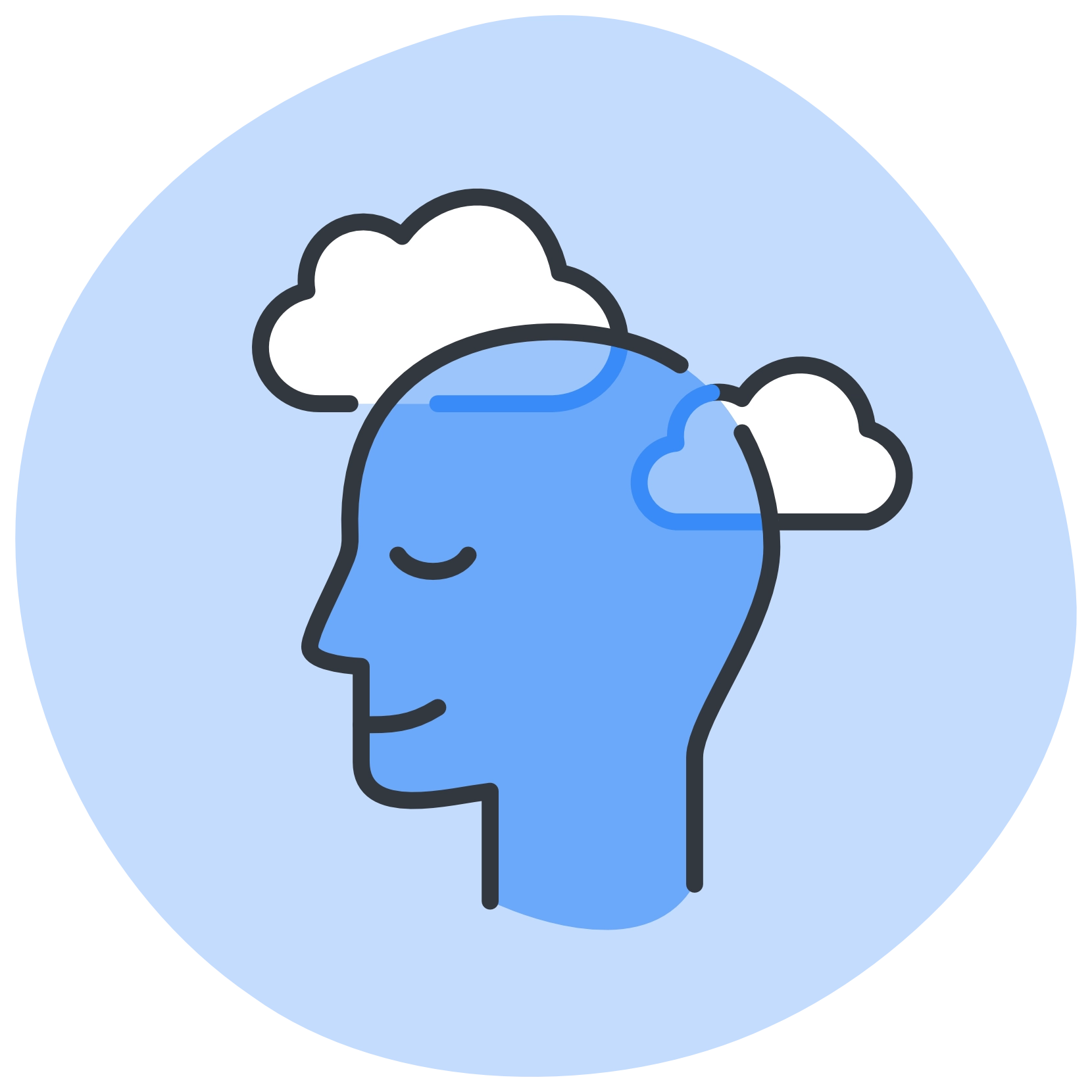 Line art icon of a blue head profile with closed eyes and white clouds behind it, set against a light blue circular background.