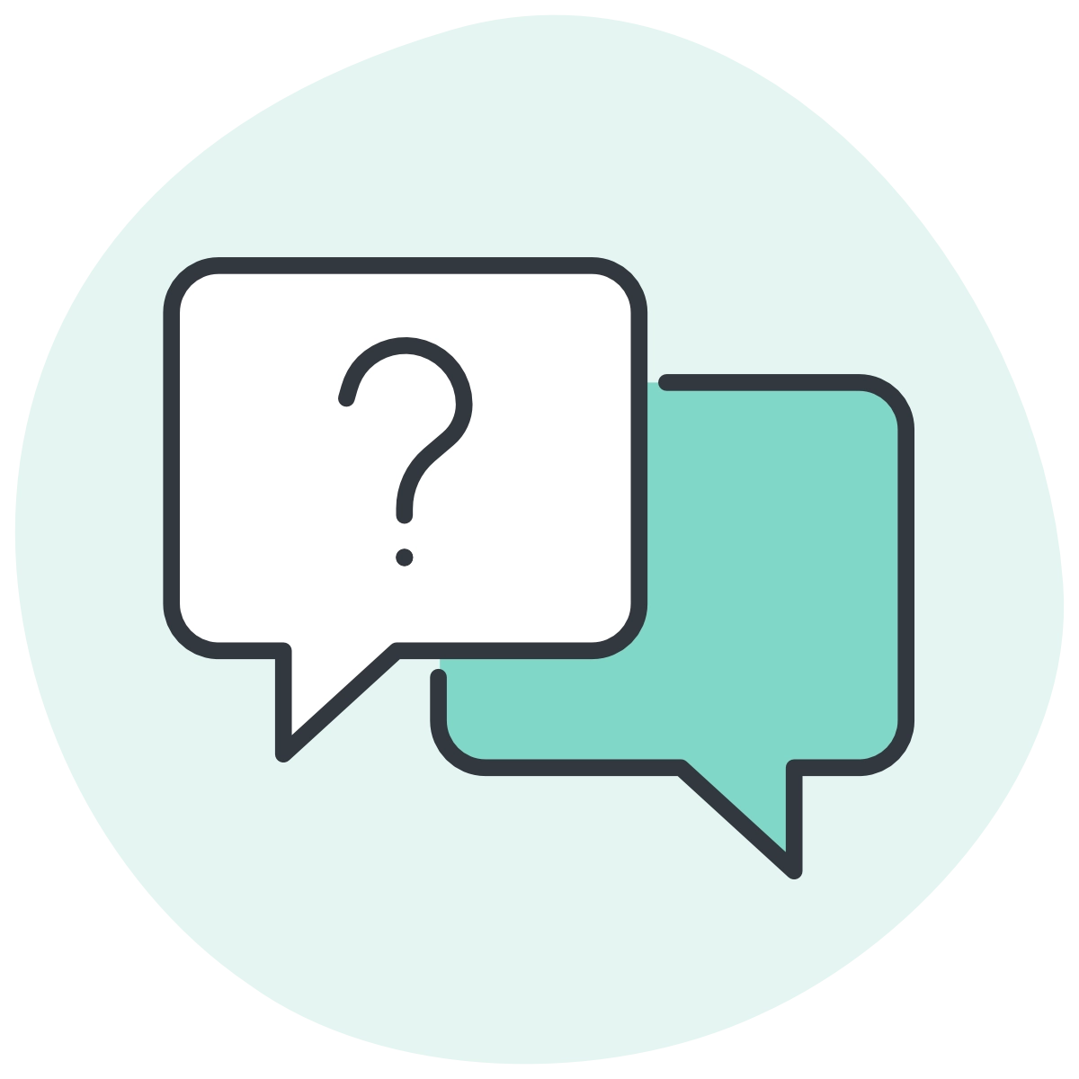 Line art icon of two overlapping speech bubbles, one white with a question mark and one light blue, set against a light green circular background.