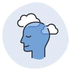 Line art icon of a blue head profile with closed eyes and white clouds behind it, set against a light blue circular background.