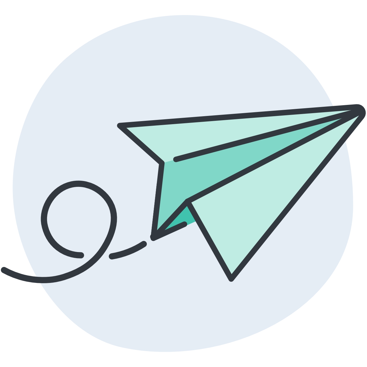 Light green paper airplane icon on a circular light blue background.