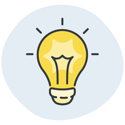 A circular icon featuring a glowing yellow lightbulb with dark outlines and small radiating lines, set against a pale blue background.