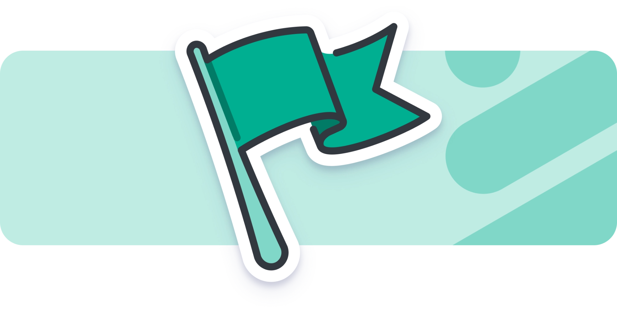 An illustration of a green waving flag icon on a light blue decorative background.